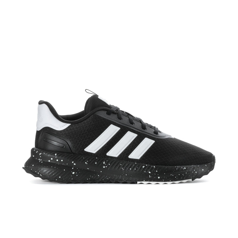 Men's black knit low-top sneaker with white triple stripes and speckled sole