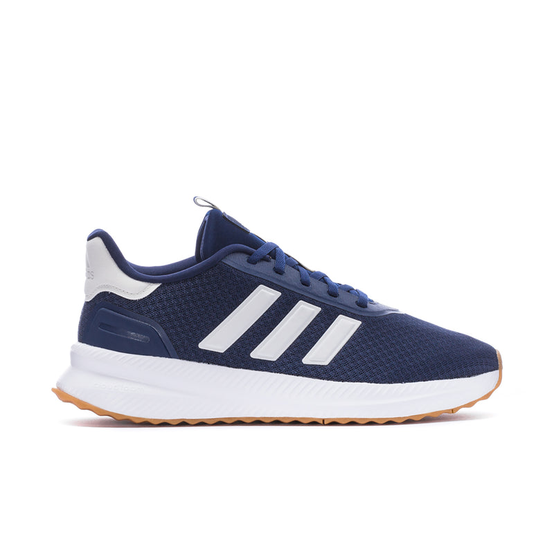 Men's navy running shoes with white triple stripes and gum rubber outsole