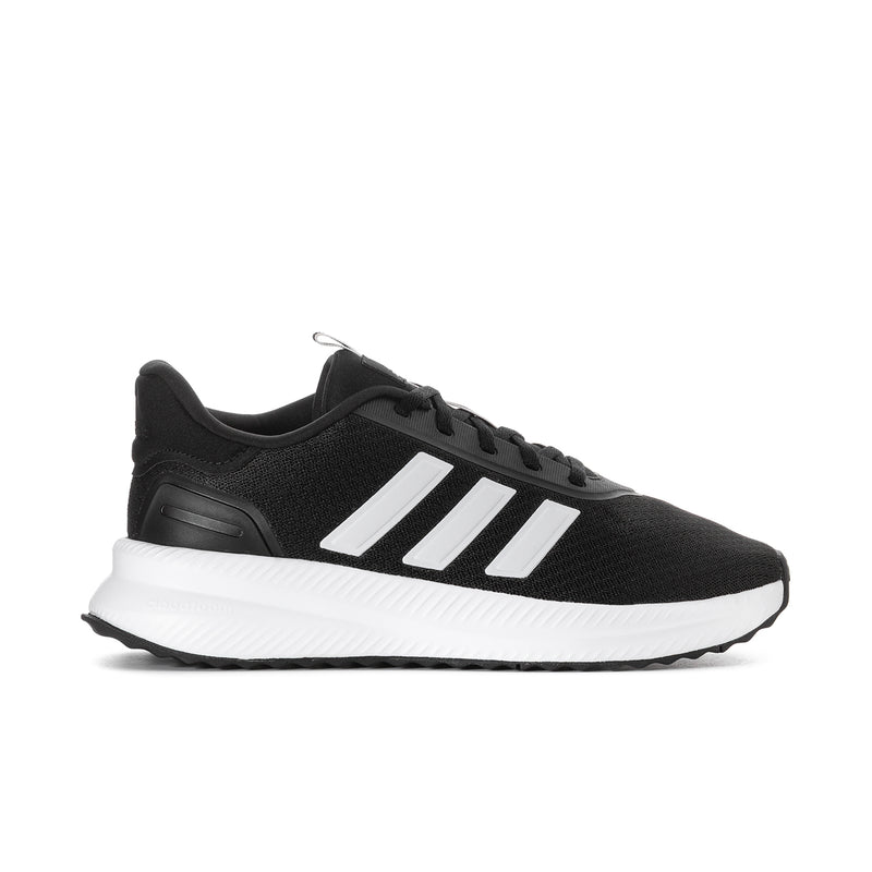 Men's black knit running shoes with white three-stripe panels and lace-up closure