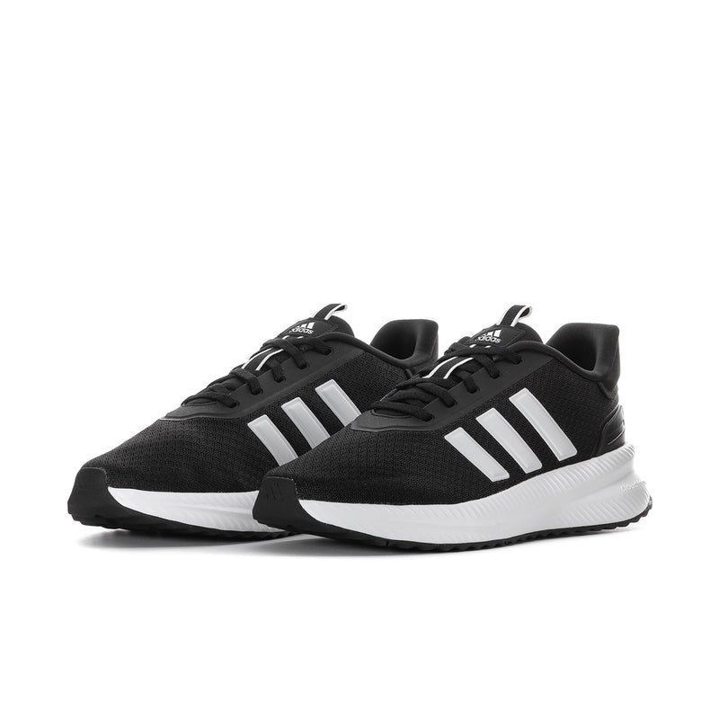 Men's black knit sneakers with white adidas stripes and cushioned white sole, lace-up pair