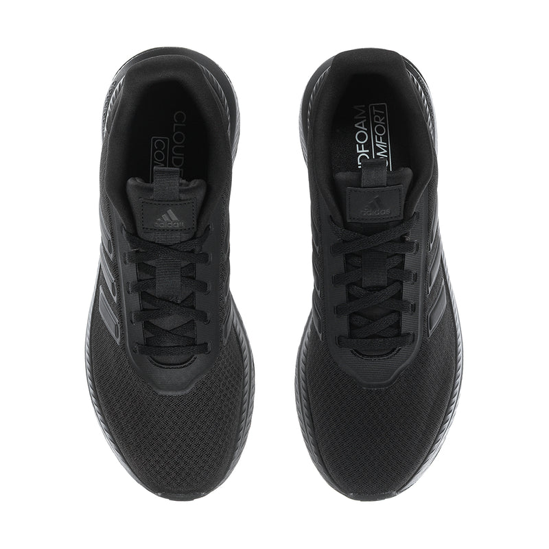 Mens black sneakers with tongue label and lace-up closure, view from above