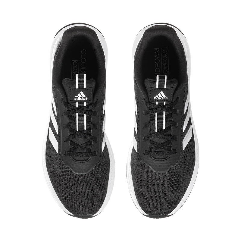 Men's black adidas running shoes, lace-up with white three-bar stripes on upper
