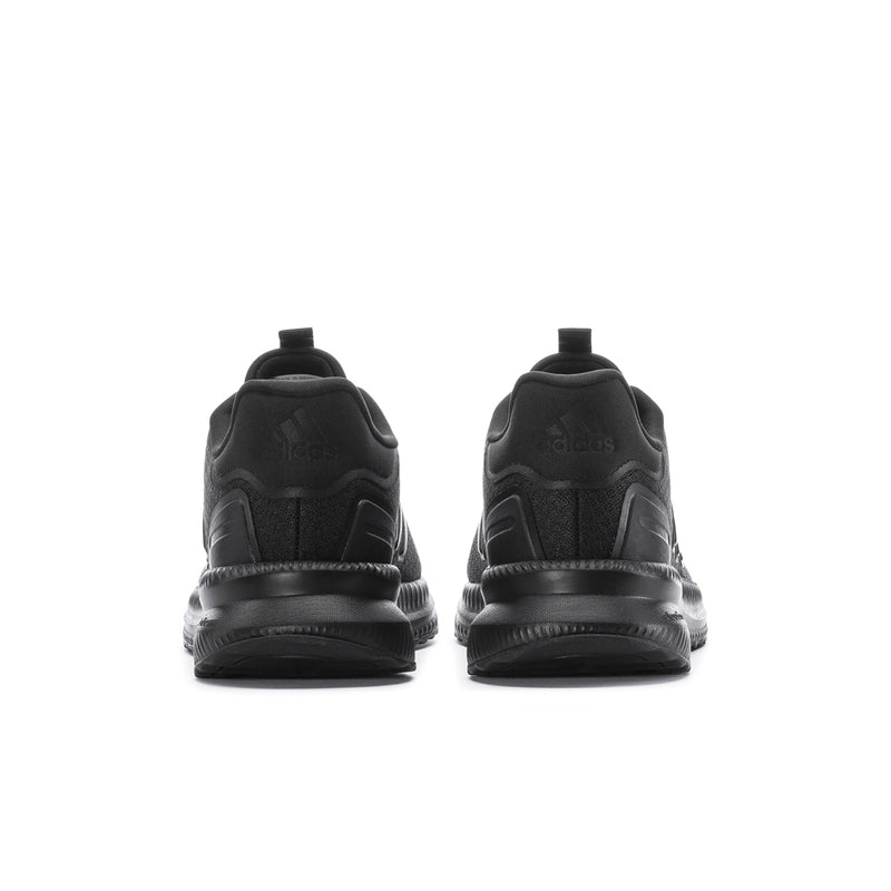 Mens black running shoes rear view with cushioned heel and treaded outsole