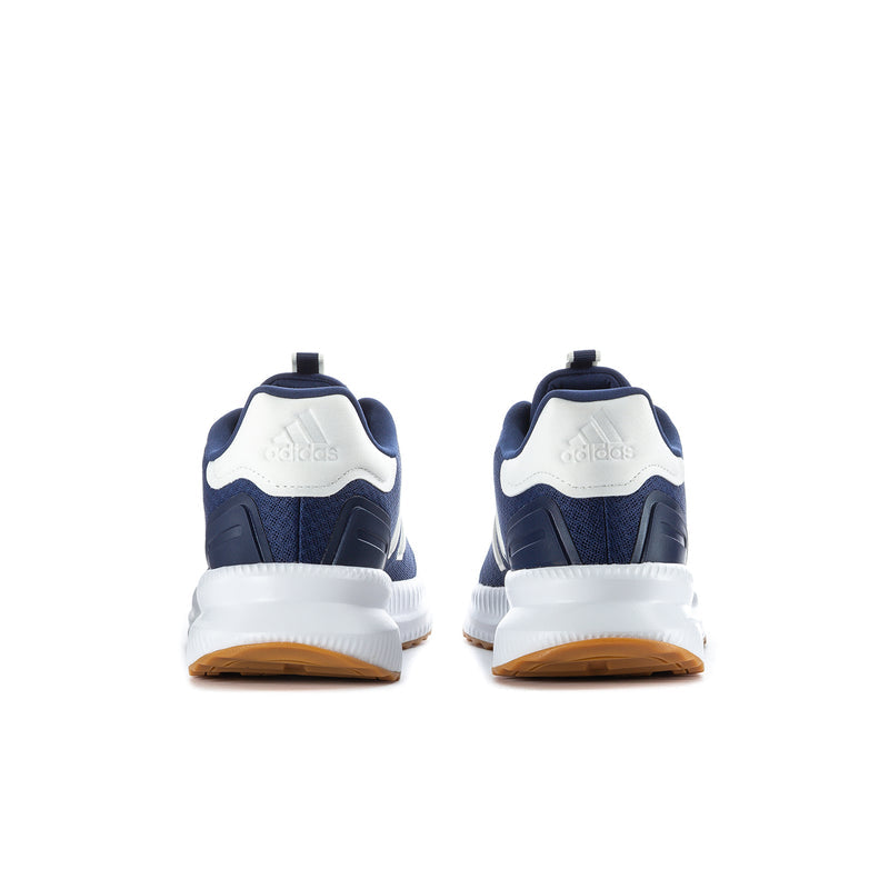 Men's navy sneakers rear view with white heel panel, cushioned collar, gum outsole edge