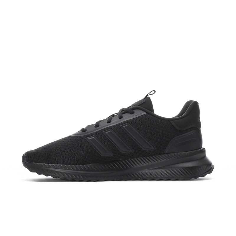 Mens black lace-up athletic shoe with breathable upper and diagonal striped midsole