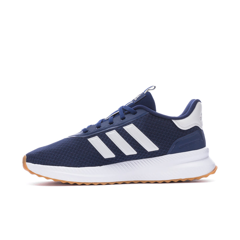 Men's navy low-top running shoes with white stripes, lace-up front, gum outsole