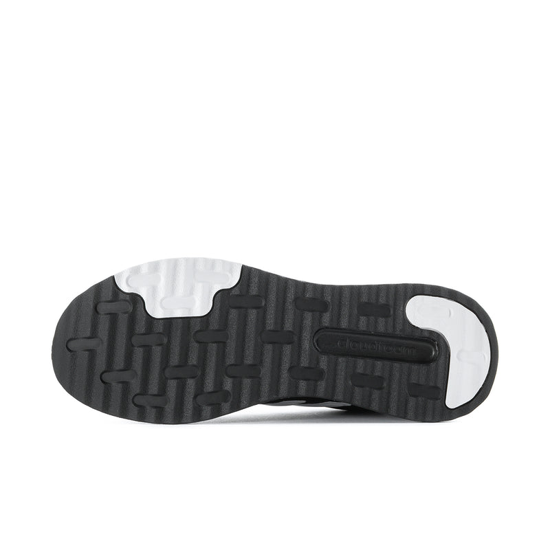 Men's black rubber outsole with tread pattern and white heel section