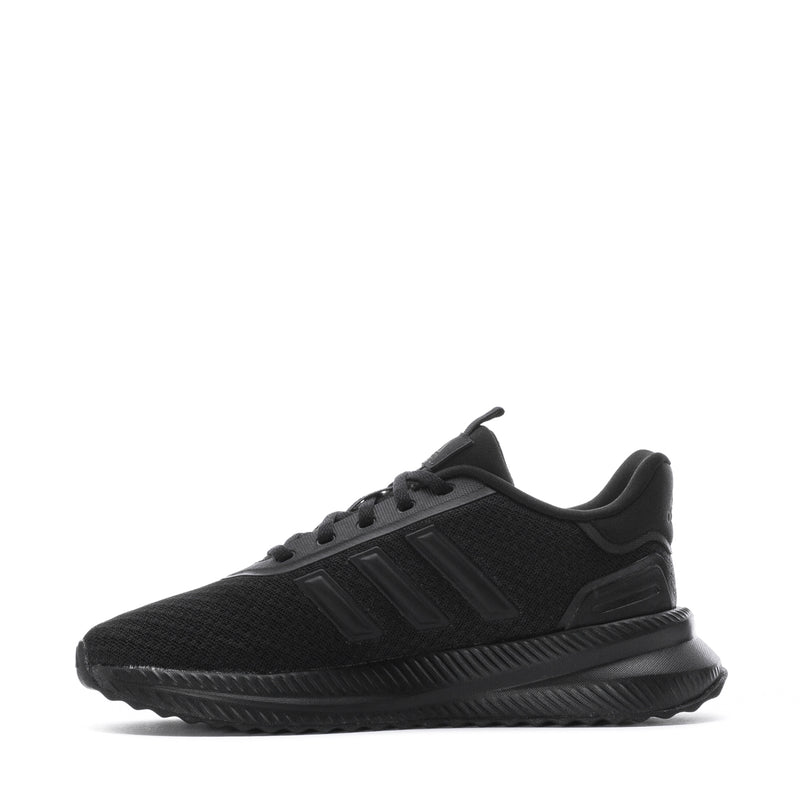 Women's black lace-up running sneakers, side profile with textured midsole