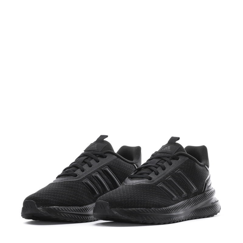 Pair of women's black lace-up running sneakers with chunky tread midsole