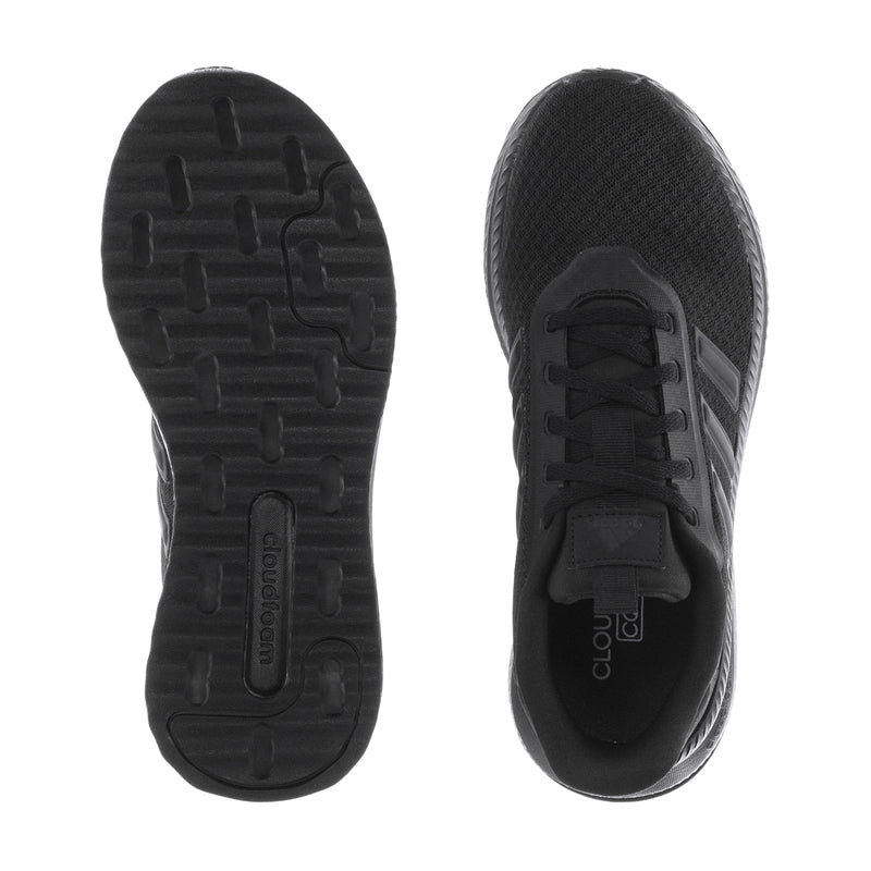 Black sneaker outsoles, non-slip tread pattern with logo detail