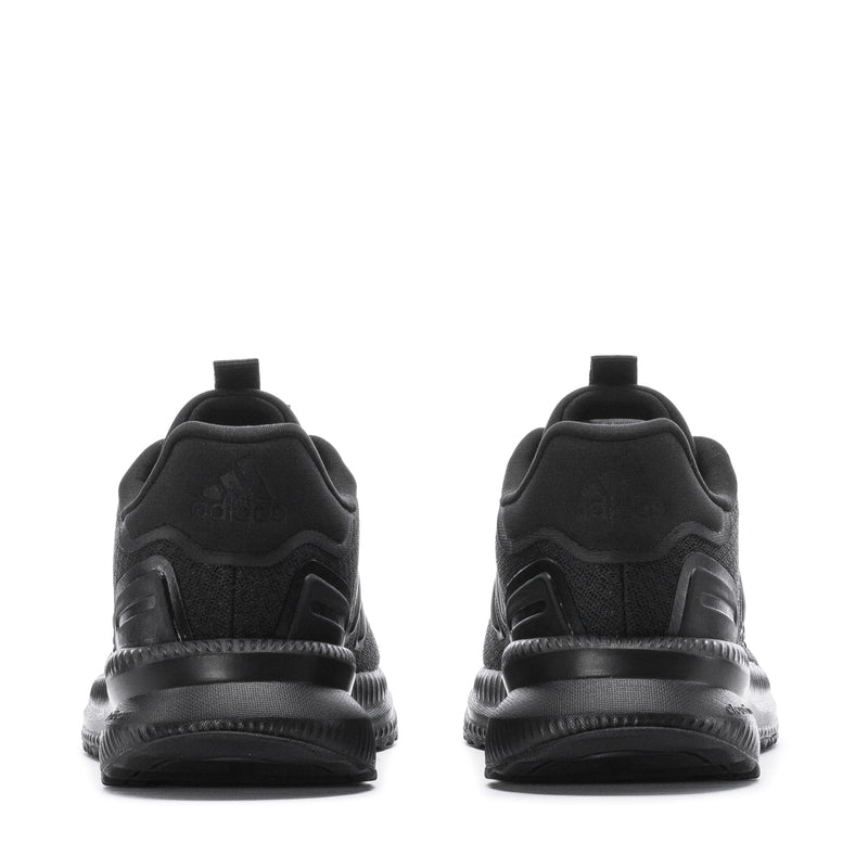 Women's black sneakers, rear view with cushioned heel and lace loops