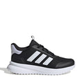 Youth black and white sneakers with three stripe logo and lace-up mesh upper