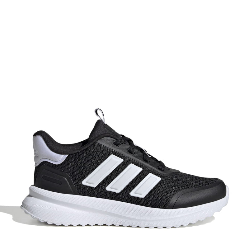 Youth black and white sneakers with three stripe logo and lace-up mesh upper