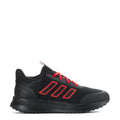 Youth black sneaker with ruby red laces, side stripe graphics, and cushioned sole