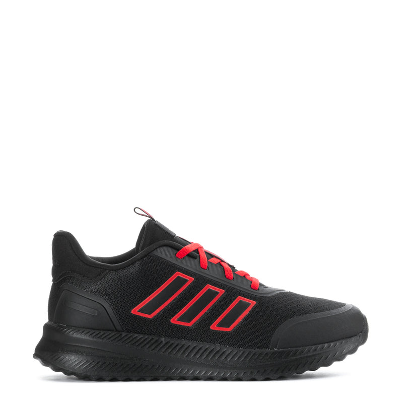 Youth black sneaker with ruby red laces, side stripe graphics, and cushioned sole