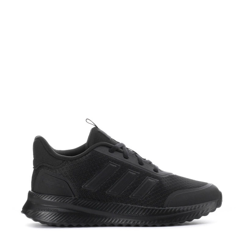 Youth black running sneaker with lace-up front and textured mesh upper