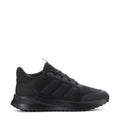 Youth black running sneaker with lace-up front and textured mesh upper