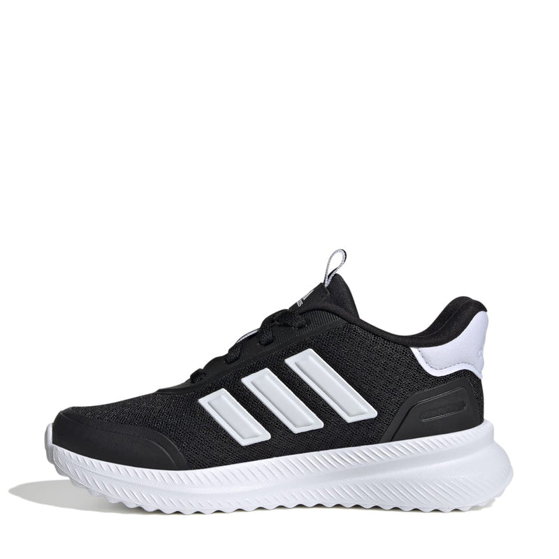 Youth black lace-up sneakers with white three-bar stripes and chunky white sole