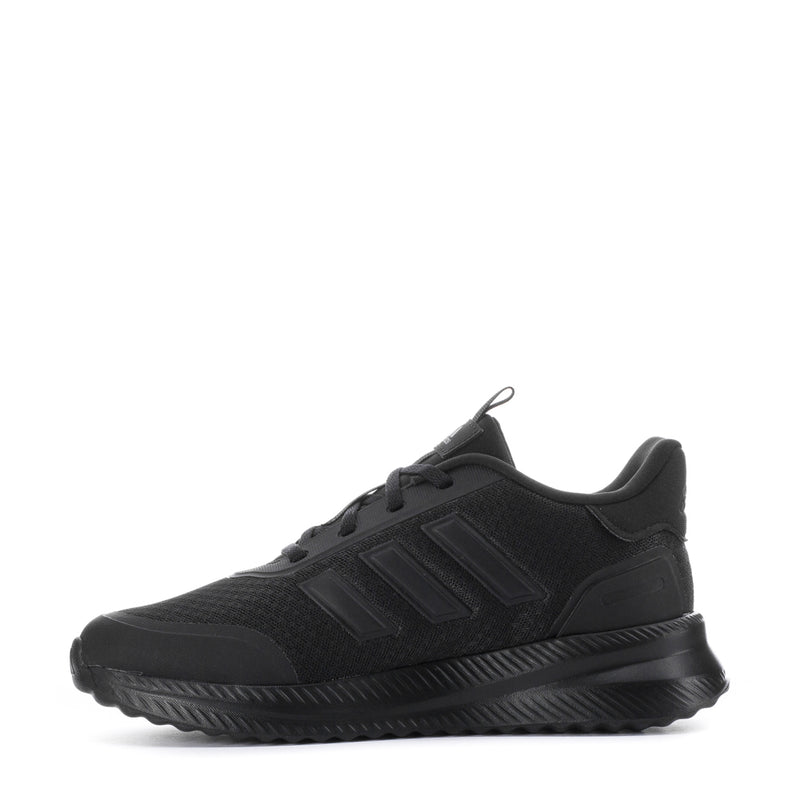 Youth black lace-up running sneaker with logo detail and side stripe accents