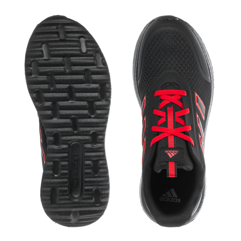 Youth adidas sneaker outsole and side view, black with ruby red stripe graphics