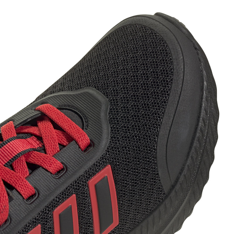 Youth black knit upper detail with ruby red lace overlay and textured side panels