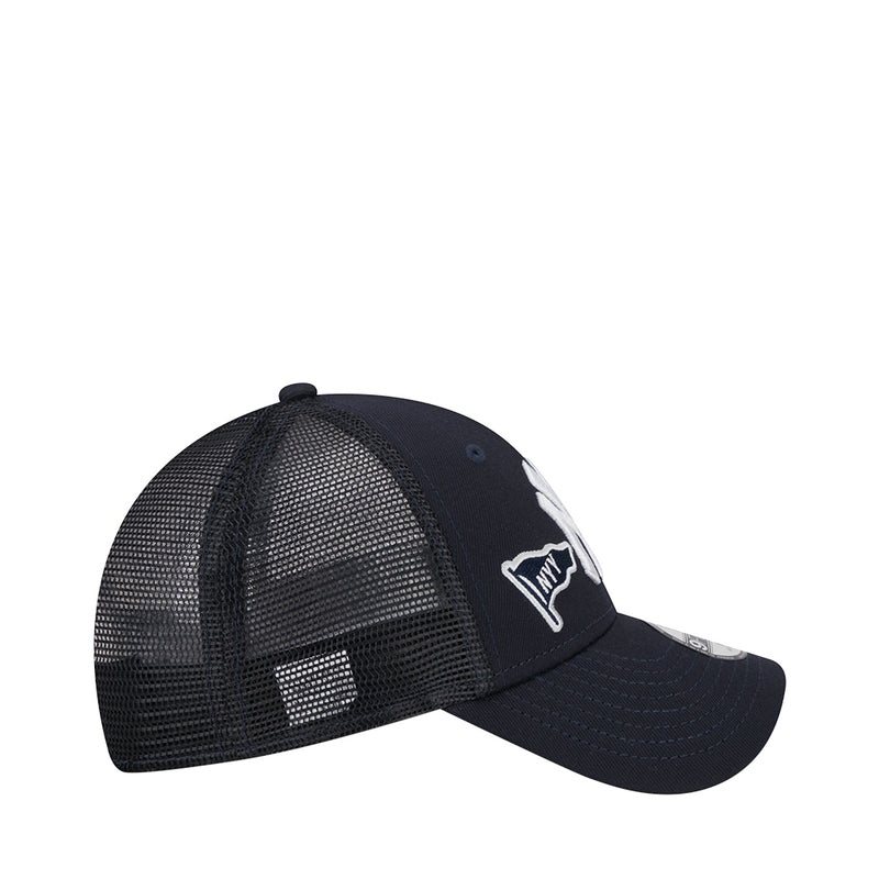 Kids navy and black mesh trucker cap with Yankees flag side patch.