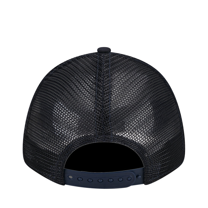 Kids navy mesh back trucker cap with snapback strap and ventilation.