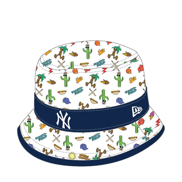 Infant New York Yankees bucket hat, white with navy brim and AOP graphics.
