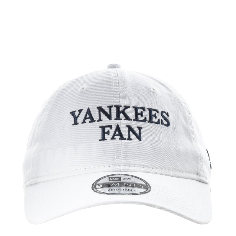White baseball cap with Yankees Fan front logo and New Era patch