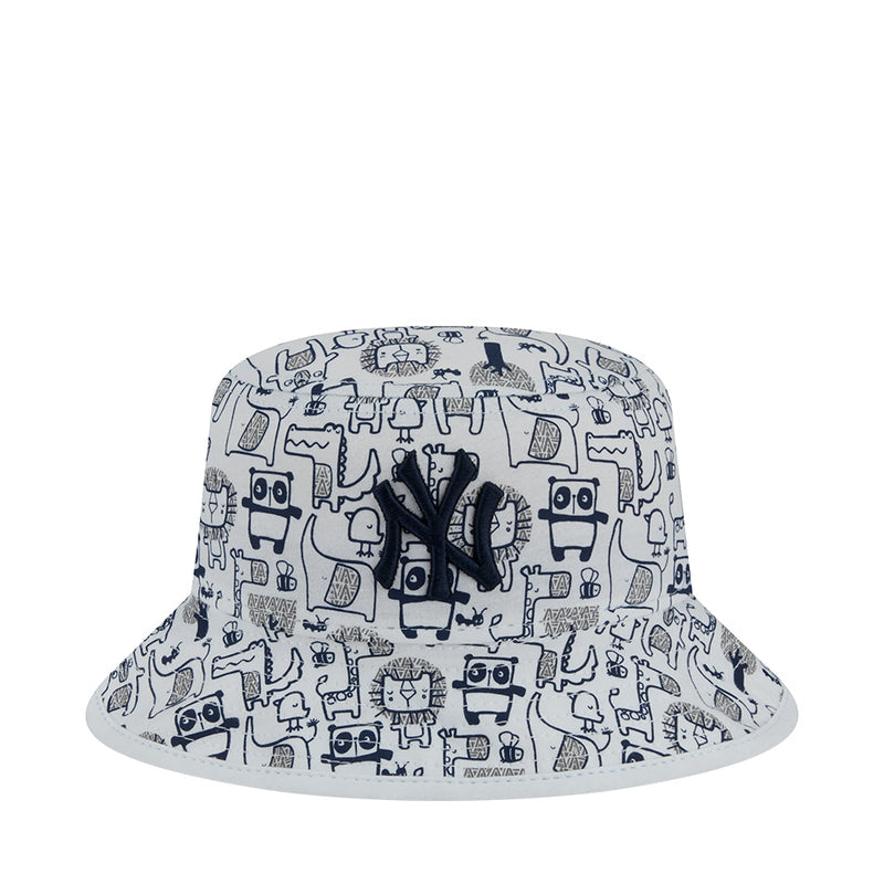 Kids bucket hat with zoo icon print and navy Yankees NY logo, light background