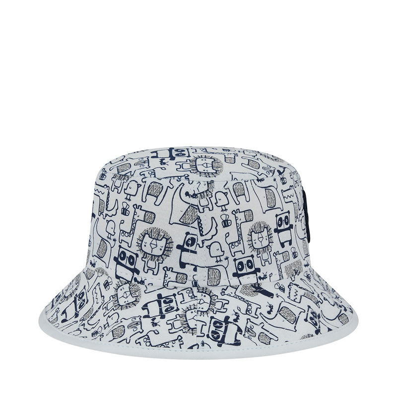 Kids bucket hat with blue-and-navy zoo icon pattern, wide brim, light base