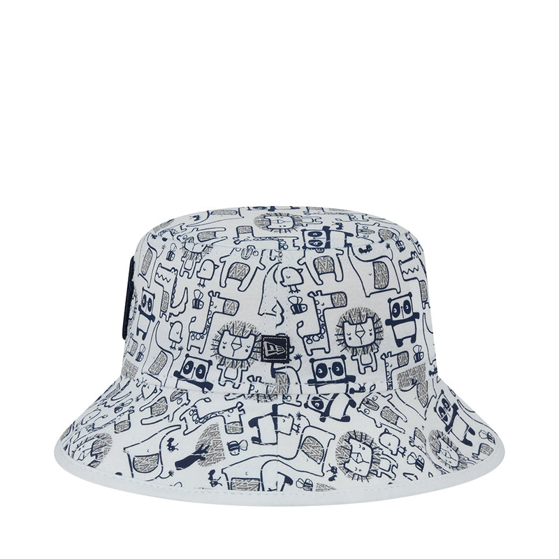 Kids bucket hat with zoo icon pattern and light base, viewed from back