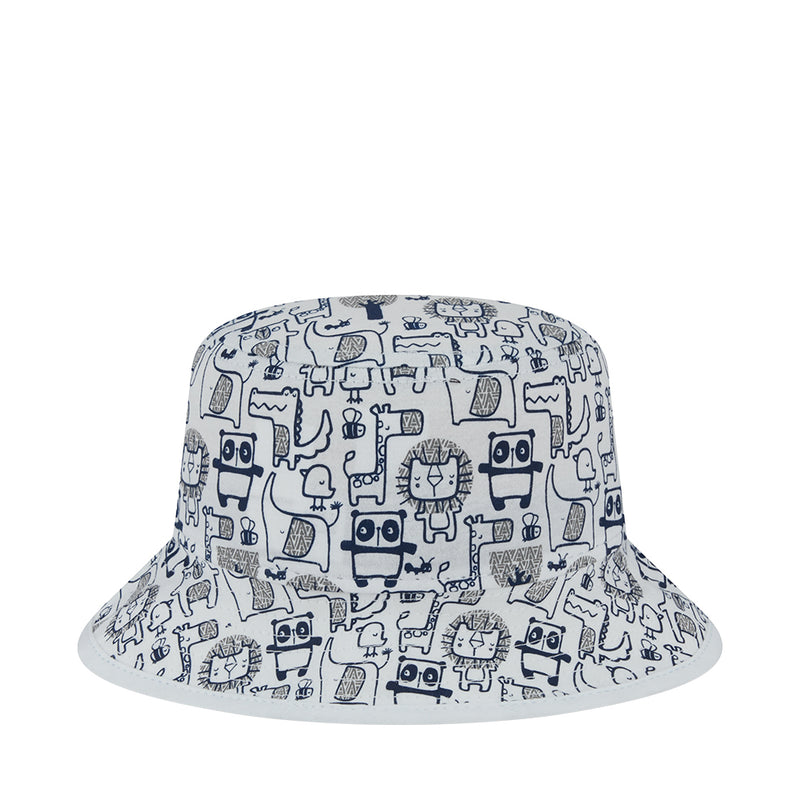 Kids bucket hat with repeating zoo characters in blue/navy on light fabric