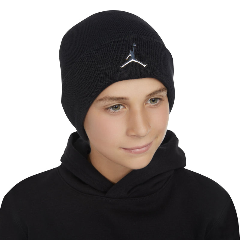 Youth cuffed beanie, black knit, silver Jumpman logo on front