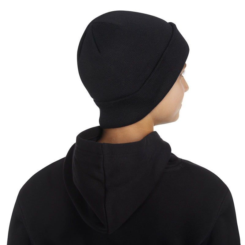 Youth cuffed beanie in black knit, side profile with cuff fold