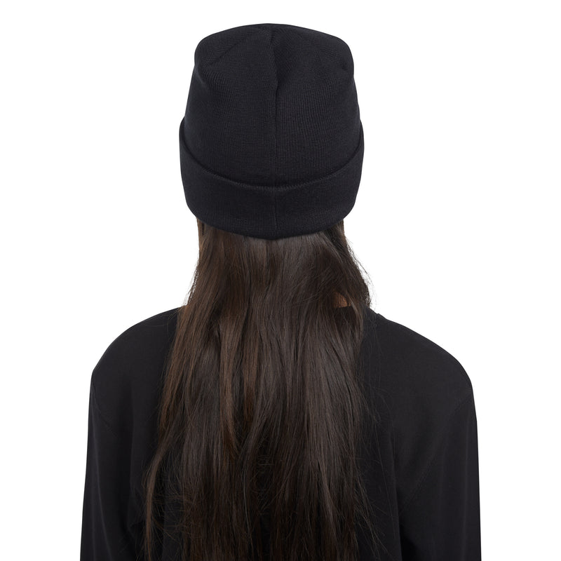 Youth cuffed beanie in black knit, back view with rolled cuff