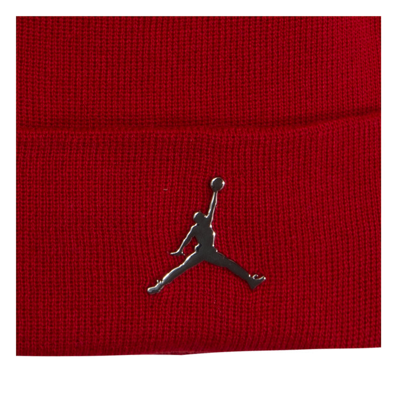 Red cuff beanie with Jumpman logo close-up