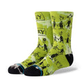 Youth lime green crew socks with Whoville character print and black toe/heel