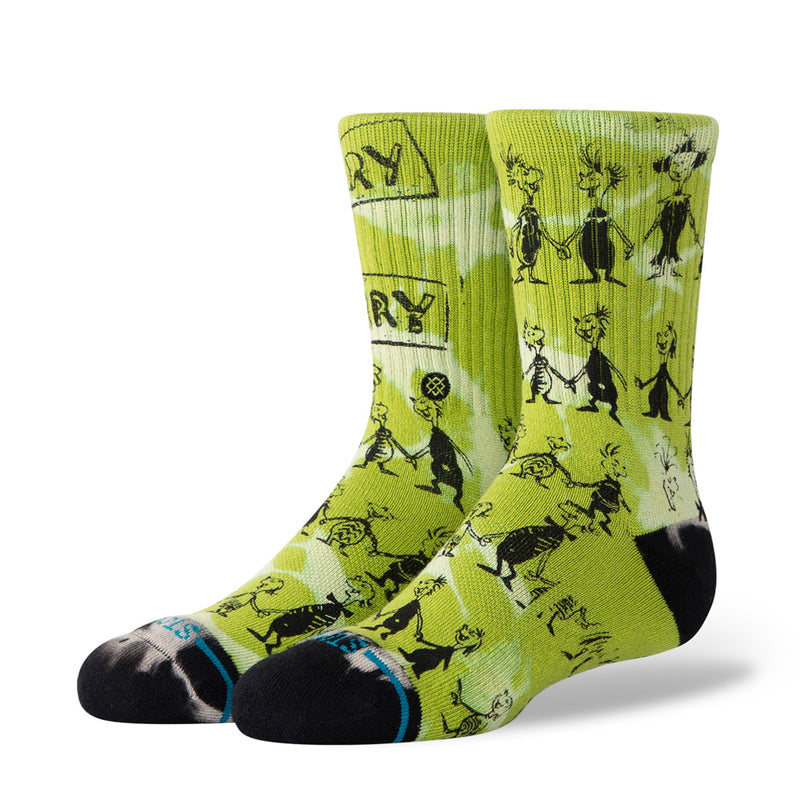 Youth lime green crew socks with Whoville character print and black toe/heel