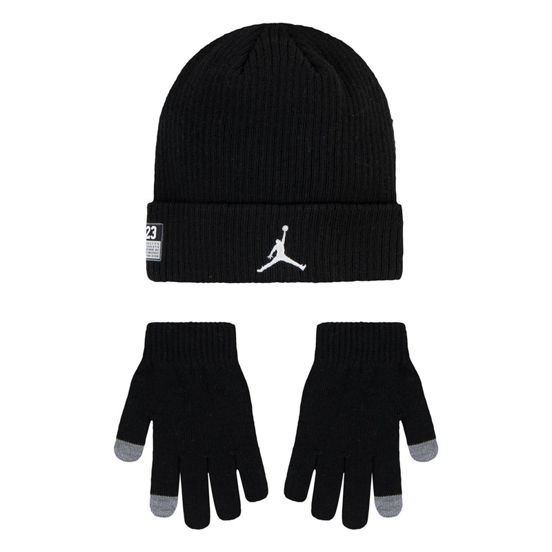 Black youth beanie with Jumpman logo and matching black gloves with gray fingertips