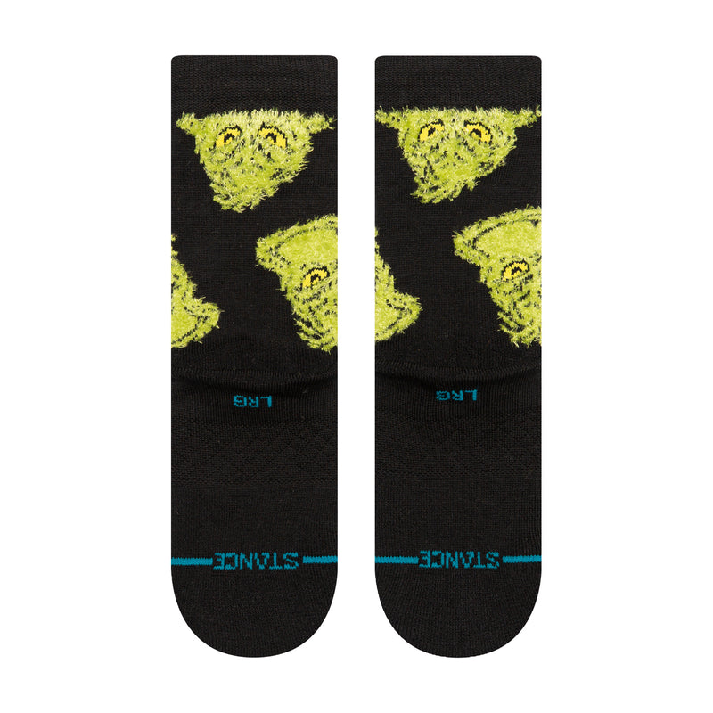 Youth crew socks, black with neon green character print and blue toe stripe