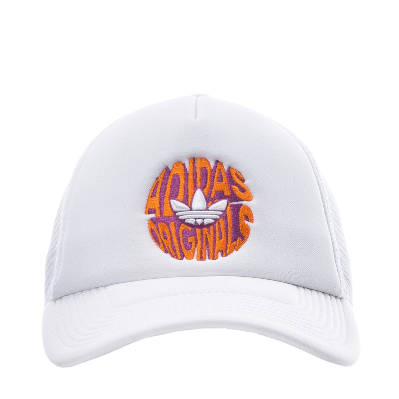 Youth trucker cap with white crown and orange Adidas Originals front logo