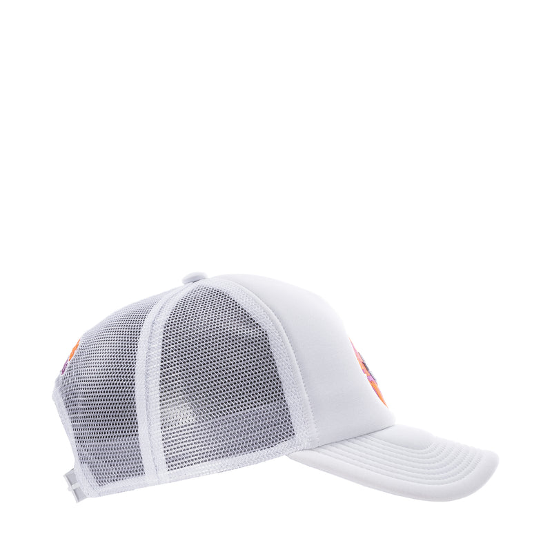 White youth trucker cap with mesh sides and curved brim, orange logo detail