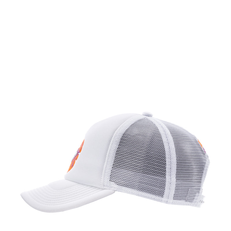 White youth mesh trucker cap with curved brim and orange side logo