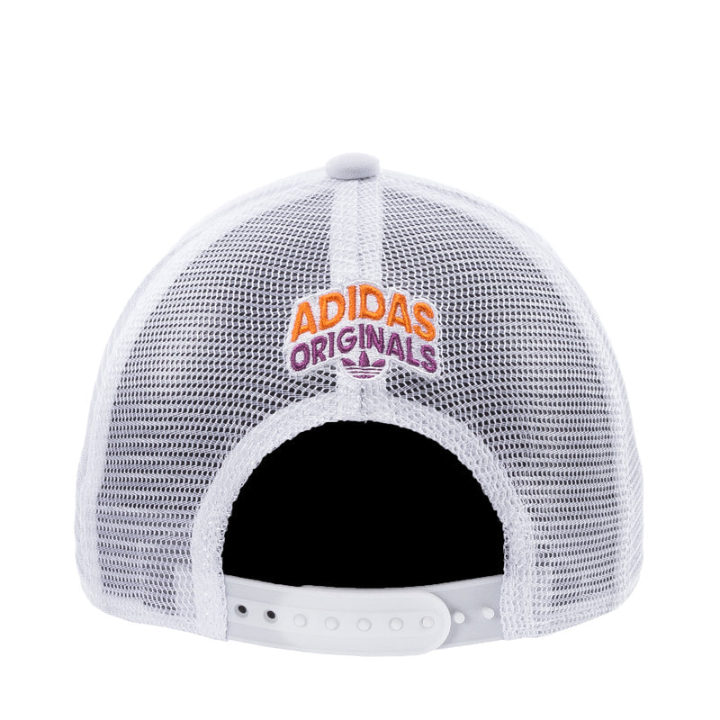 White youth mesh trucker cap with Adidas Originals logo on back and snap strap