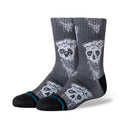 Youth crew socks, black with white pizza-face skull graphics and blue stripe cuff
