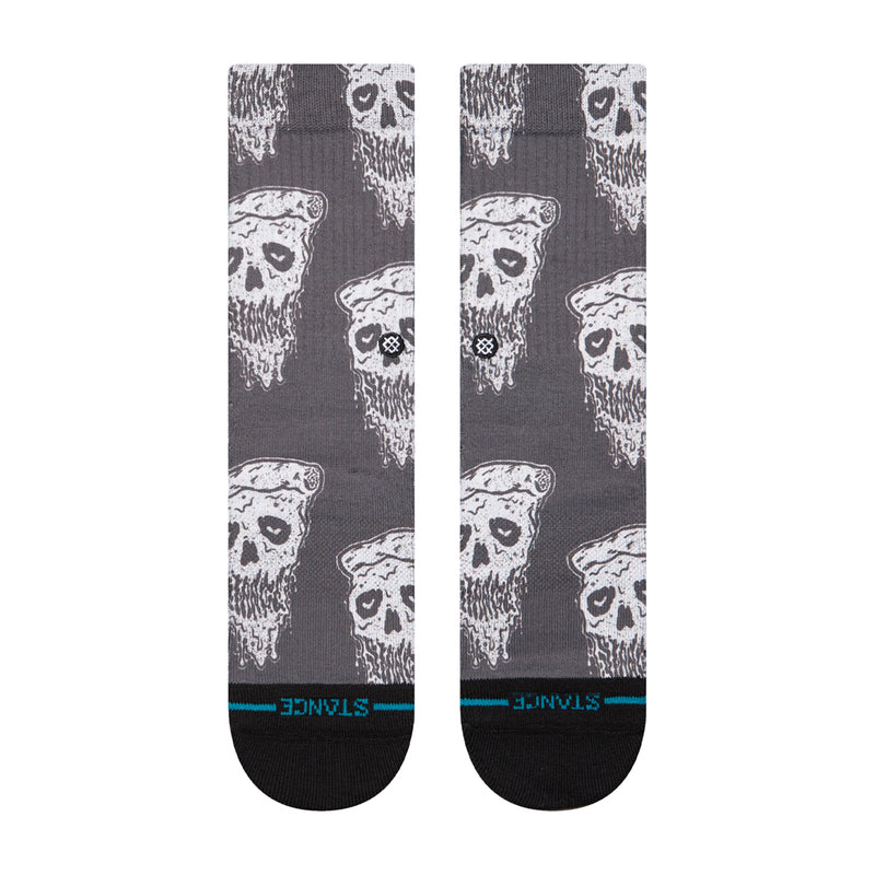 Youth crew socks with repeating white pizza-skull faces, blue heel stripe