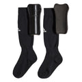 Youth sock guard pair in black, padded shin covers with elastic sock tops