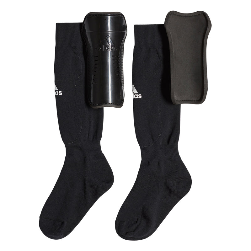 Youth sock guard pair in black, padded shin covers with elastic sock tops