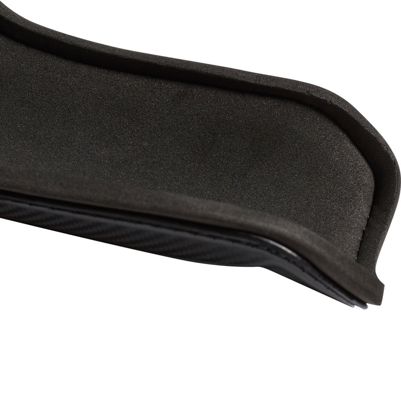 Black sock guard edge with textured trim and curved opening for movement
